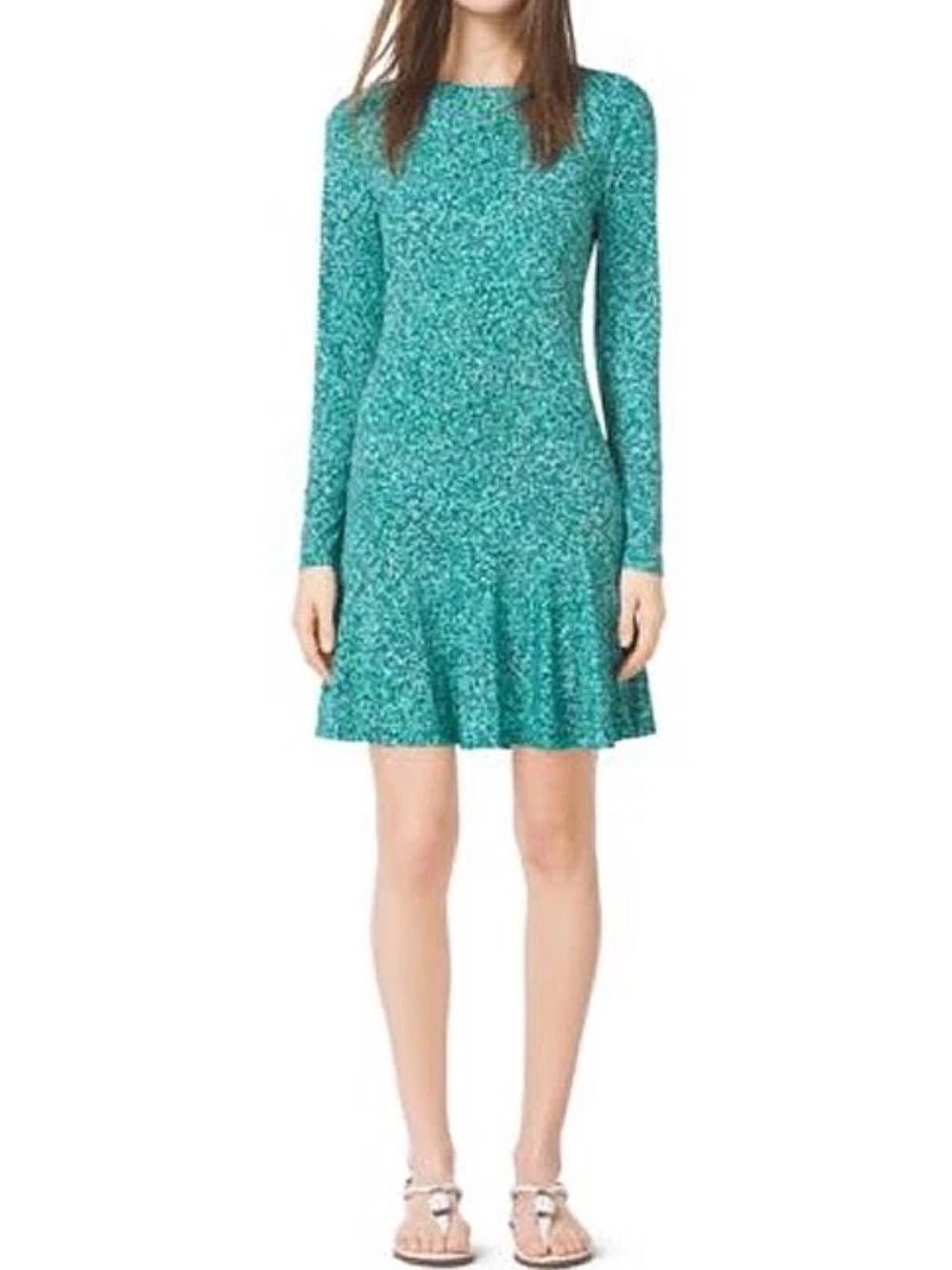 Michael Kors Teal Speckle Long-Sleeve Midi Dress